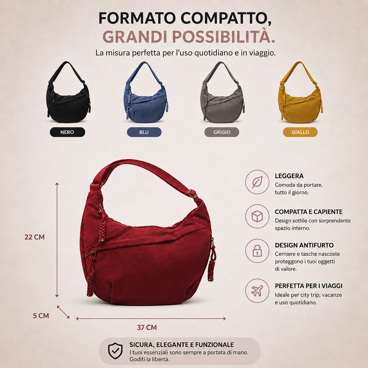 Gioia – Borsa a Spalla a Mezzaluna in Nylon – Spazio Moda – vista 3