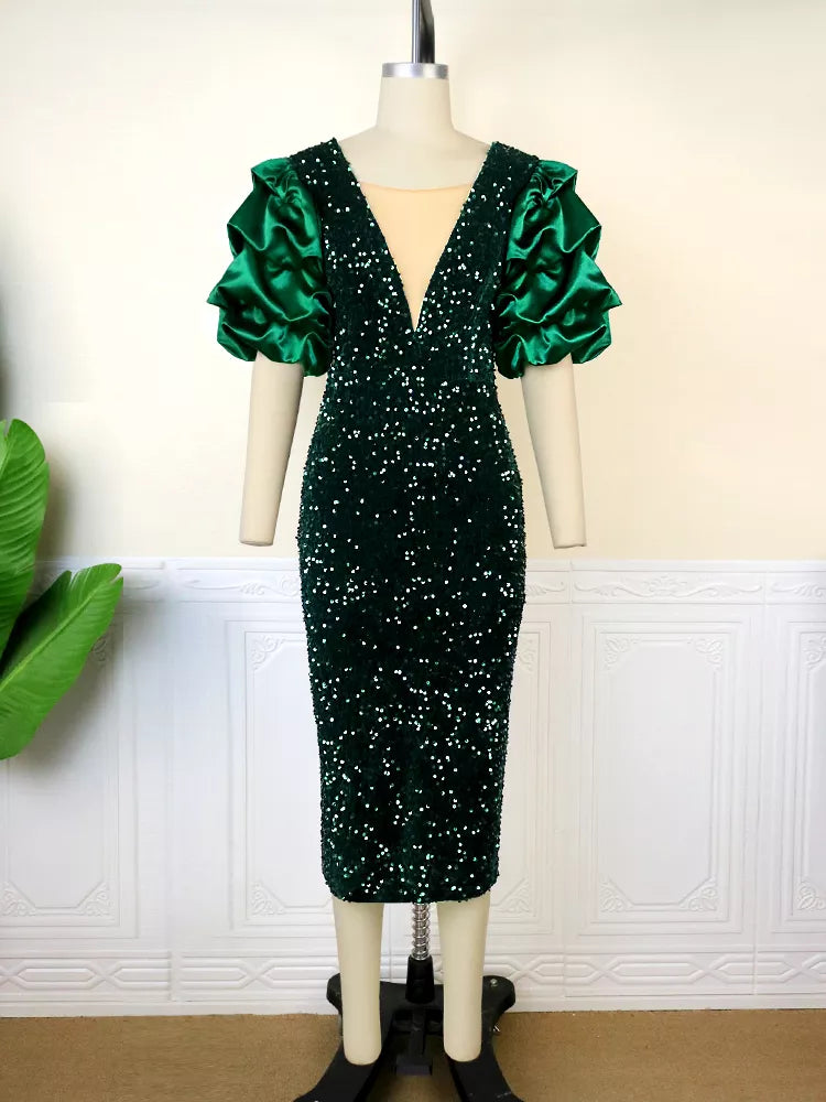 Abito Midi con Paillettes con Maniche a Sbuffo – Spazio Moda – vista 3