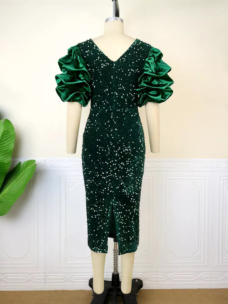 Abito Midi con Paillettes con Maniche a Sbuffo – Spazio Moda – vista 4