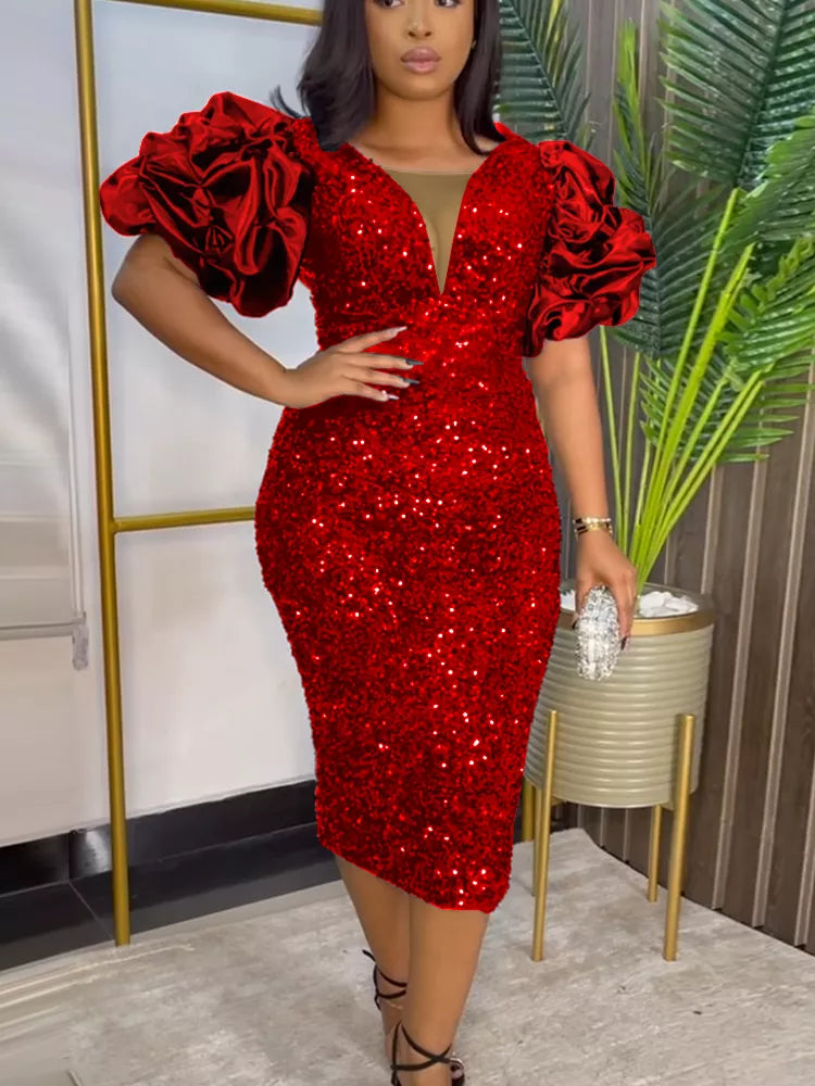 Abito Midi con Paillettes con Maniche a Sbuffo – Spazio Moda